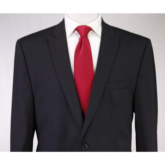 Calvin Klein Men's Black Striped Peak Lapels Slim Fit 2-Btn Wool Suit 42L - Picture 3 of 11